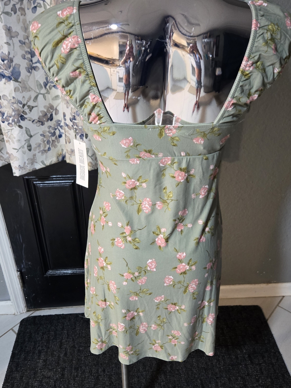 Derek Heart Sage Green Floral Mini Dress with Pink Roses - Picture 5 of 7